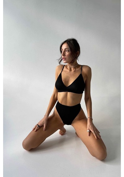 Ang Butik Kadın Siyah Yüksek Bel Dolgusuz Slip Takım