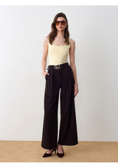 Dilvin 72670 Çift Kemerli Pileli Pantolon-kahve