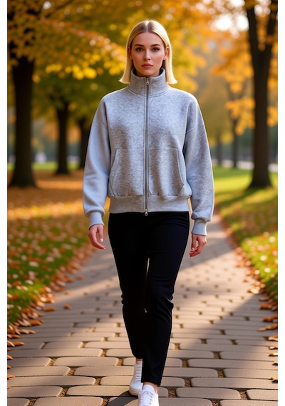 Benerly Kadın Dik Yaka Düşük Kol Fermuarlı Geniş Kalıp Sweatshirt Fonksiy Gri Melanj