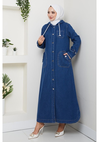Hb Harma Time Butik Kadın Cepli Düğmeli Kapüşonlu Denim Koyu Mavi Trençkot