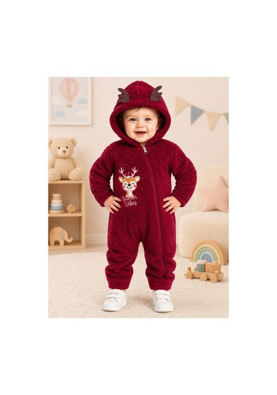 Tatlı Geyik Nakışlı Welsoft Peluş Kapüşonlu Fermuarlı Kışlık Unisex Bebek Tulumu 40212 Bordo