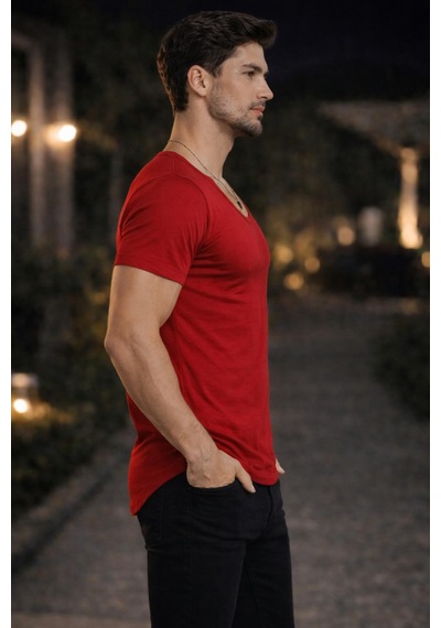 Bybülent Erkek Oval Yaka Tişört Açık Yaka Likralı Slim Fit T-shirt Bordo