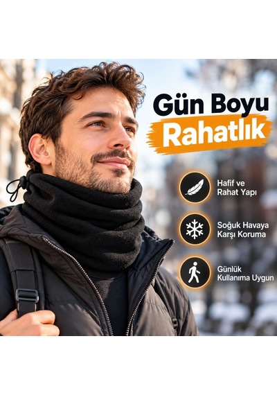 Genel Unisex Polar Bere Boyunluk 2 Adet Seti 2'si 1 Arada Büzgülü Sıcak Tutan Siyah / Standart / 2 Adet