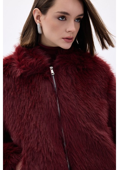 Sateen Fermuarlı Kürk - Bordo-136673 Bordo