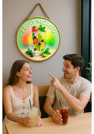 Fruit Mojito Temalı Kapı Süsü Tablosu, Meyveli Uv Baskılı Ferahlatıcı Cafe Restoran Duvar Dekoru