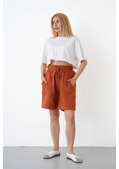 The Voler Müslin Şort Kadın Yüksek Bel Oversize Rahat Kesim Cepli %100 Pamuklu Yazlık Şort Kiremit The Voler Müslin Şort Kadın Yüksek Bel Oversize Rahat Kesim Cepli %100 Pamuklu Yazlık Şort Kiremit