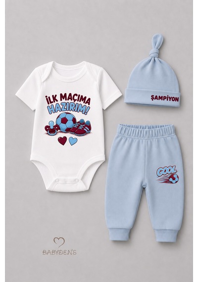 Babyden's Bebek 3'lü Takım Bordo Mavi Taraftar Temalı Kısa Kol %100 Pamuk Yenidoğan Body Pantolon Şapka Seti İlk Maçıma Hazırım 0-9 Ay