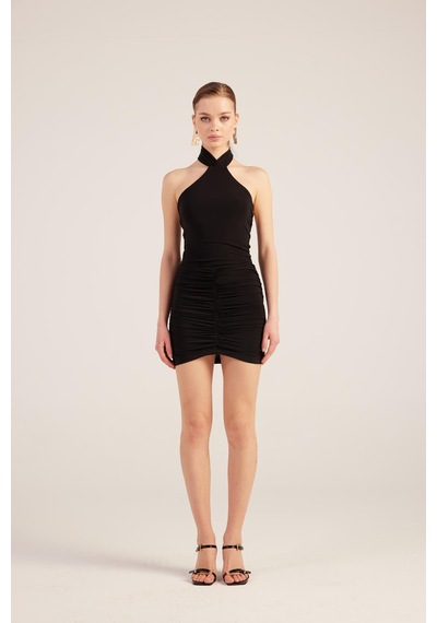Holly Lolly Halter Yaka Büzgülü Mini Perla Elbise Siyah