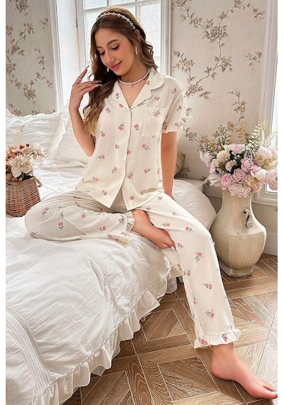Bella Notte Çiçek Baskılı Fırfırlı Uzun Pijama Takımı Beyaz