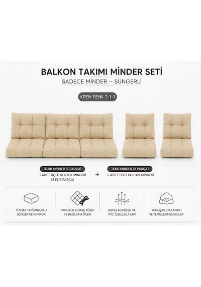 3-1-1 Fermuarlı Balkon Minderi-leke Tutmaz - İçidolu Minder Krem