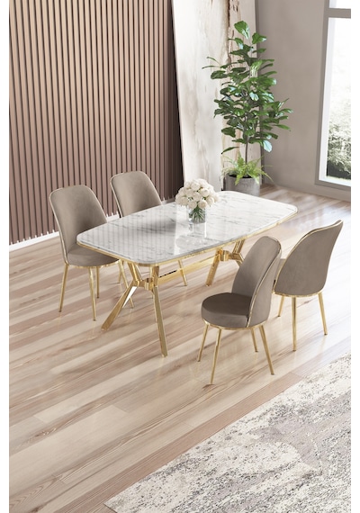 Canisa Lena Serisi 90x160 Lak Panel Beyaz Mermer Desen Gold Kaplama Ayaklı Masa Takımı Ve 4 Sandalye Beyaz Mermer Desen Masa,cappucino Sandalye Canisa Lena Serisi 90x160 Lak Panel Beyaz Mermer Desen Gold Kaplama Ayaklı Masa Takımı Ve 4 Sandalye Beyaz Mermer Desen Masa,cappucino Sandalye