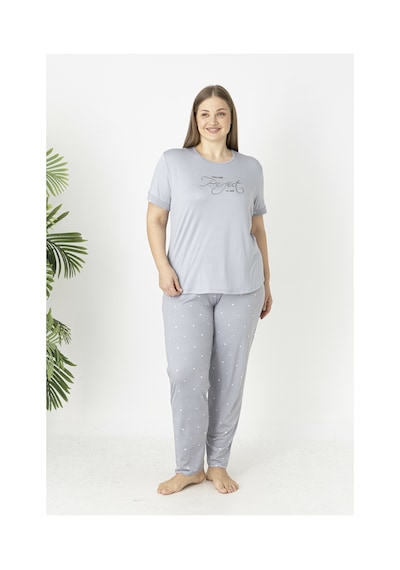 Estiva Kadın Puantiye Alt Desenli Kısa Kollu Soft Battal Pijama Takımı Gri