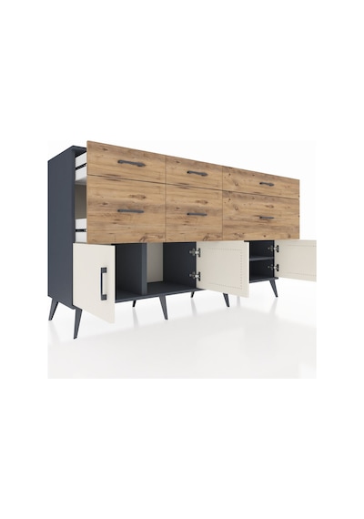 Kronos Konsol Tek Raflı 6 Çekmeceli 4 Kapaklı 176x59x99 Antrasit- Antrasit-aytaşı/çam
