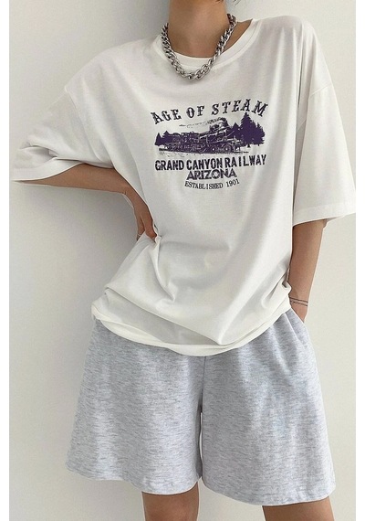 Unisex Age Of Steam Baskılı Tasarım Tshirt Beyaz