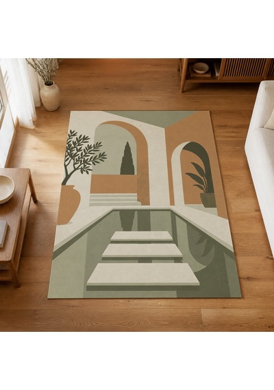 Kartela Halı Avlu Mimari Desenli Modern Halı Adaçayı Yeşili Kaymaz Taban 200x300 Cm