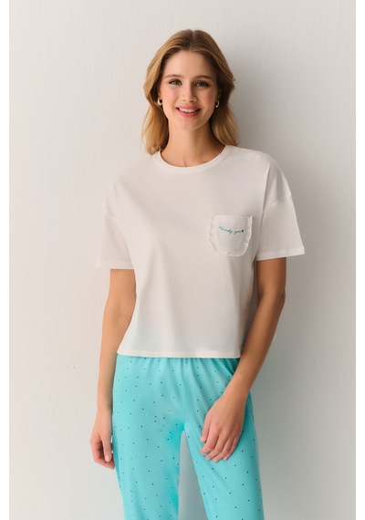 Suwen Lucky Pamuklu Pijama Takımı Sh26623660335 Turkuaz Desenli