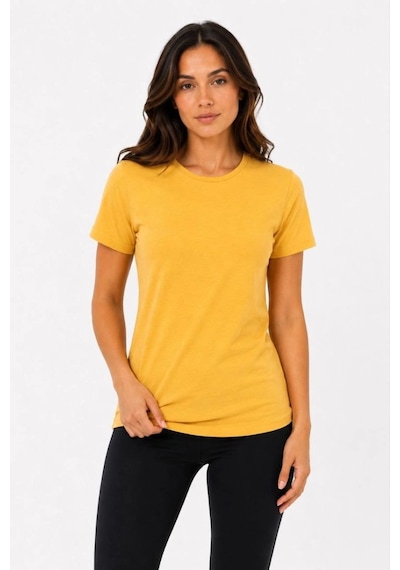 Kadın Basic Tişört Bisiklet Yaka Kısa Kol Günlük Yazlık Slim Fit T-shirt - Sarı