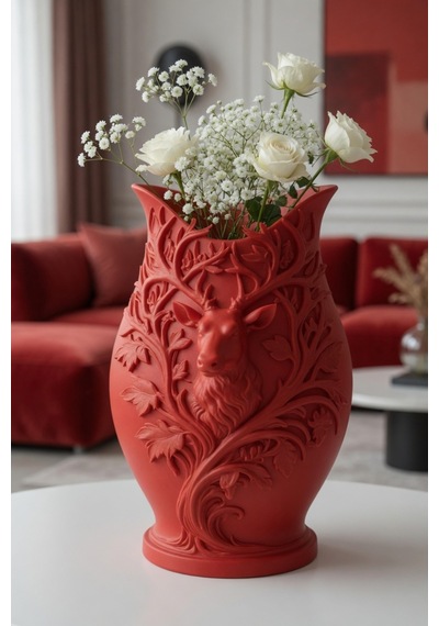 3d Baskılı Geyik Desenli Dekoratif Vazo 15 Cm Kırmızı