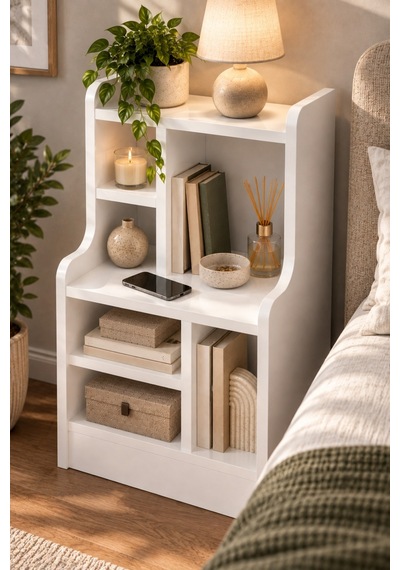 Sulorahome Komodin Raflı Kitaplık Çok Bölmeli Beyaz Yan Sehpa Organizer