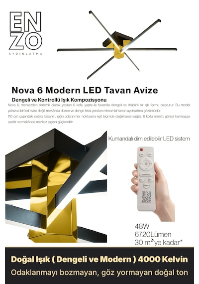 Nova 6 Gold Led Tavan Avize Kumandalı Dim Edilebilir Aşağı Işık Diğer