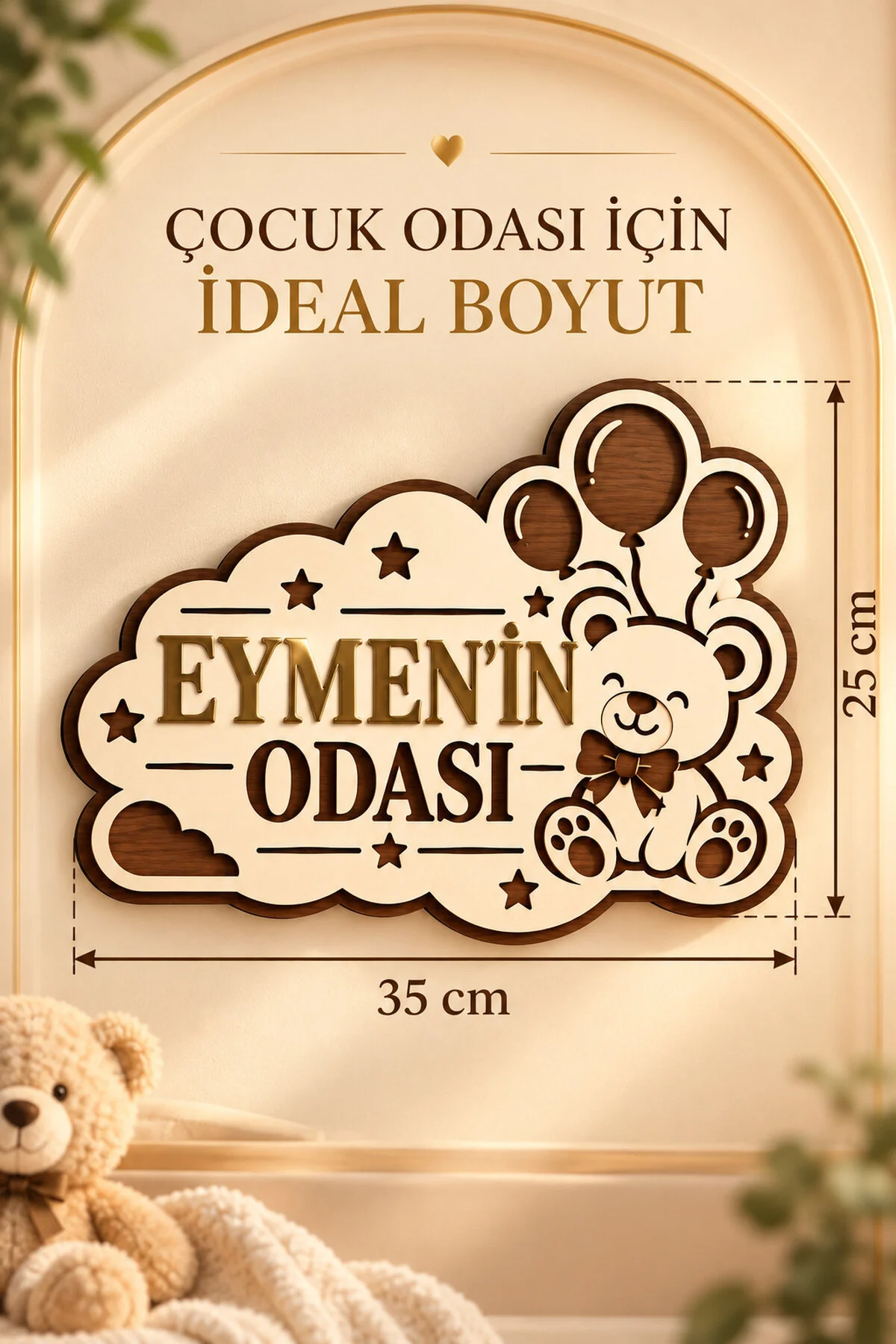 Kişiye Özel Ayıcıklı Balonlu Bebek Ve Çocuk Odası İsimliği Gold Pleksi Mdf Kapı Ve Duvar Süsü