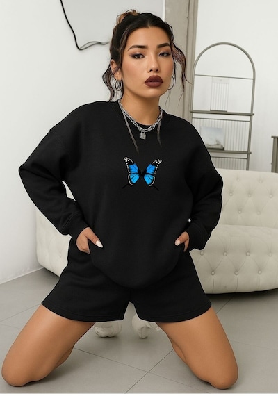 Benroma 3 İplik Penye Kelebek Baskılı Unisex Sweatshırt SIYAH