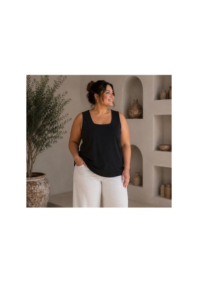 Gülmina Moda Kadın Büyük Beden Kare Yaka Ön Tulum Atlet - Siyah