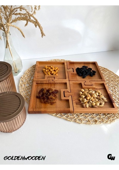 Doğal Ahşap Puzzle Sunum Tabakları Kare Ahşap Çerez Tabakları Kayın/gürgen 4 Parça