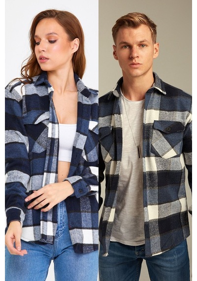 Unisex Koyu Mavi-beyaz Çift Cep Kapaklı Slim Fit Oduncu Gömlek Koyu Mavi-beyaz