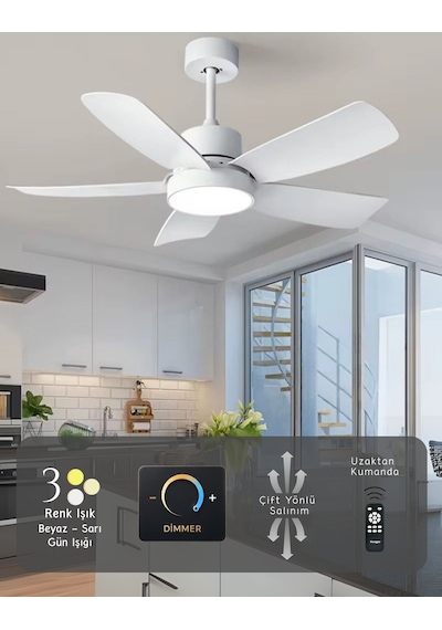 German Beyaz 110 CM 5 Kanatlı Süper Sessiz 3 Renk Uzaktan Kumandalı Dimmerli Tavan Vantilatörü DC Motor