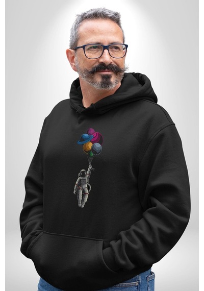 Gezegenler Balon Astronot Yükselişi Kadın Erkek Siyah Kapüşonlu Sweatshirt Hoodie Siyah