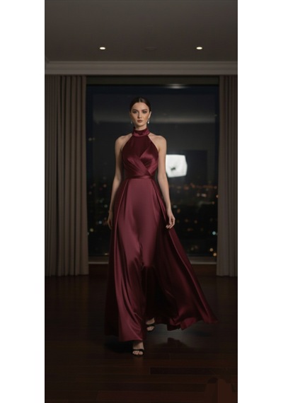 Makbuleofficial Bordo Saten Kumaştan Halter Yakalı Pile Detaylı Abiye Elbise