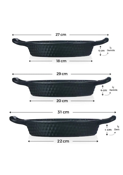 Leony 3 Parça Sahan Tava Seti 18 Cm-20 Cm-22 Cm Siyah Döküm Granit Kapl