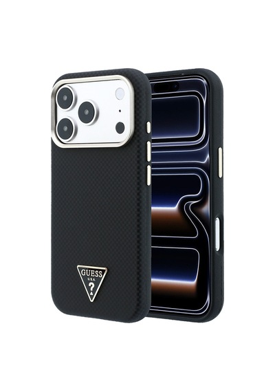 Apple iPhone Uyumlu 18 Pro Kılıf Guess Lisanslı M-safeli Pu Metal Üçgen Logolu Karbon Fiber Kevlar Kapak Siyah