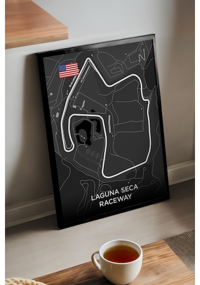 Laguna Seca Pist Haritası Siyah Ahşap Çerçeveli Poster, Dekoratif Harita Duvar Tablosu