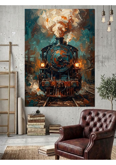 Buharlı Eski Tren Gece Ve Işıklı Dekoratif Kanvas - Mdf Ahşap Tablo Çok Renkli