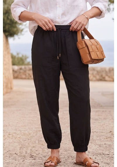 Kadın Siyah Beli Lastikli Jogger Pantolon Cepli Bağcıklı Rahat Kesim Spor Casual Yazlık Pantolon