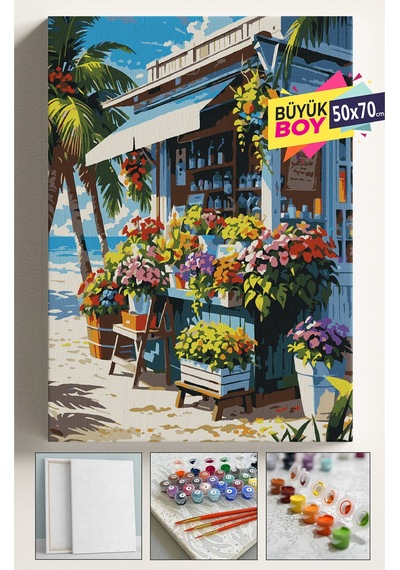 Sayılarla Boyama Seti Numaralı Tuval Fırça Boya Dahil Kasnaklı Set 50x70 Cm - Çiçekçi