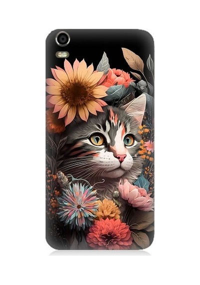 Vestel Venus V5 Uyumlu Çiçekler Ve Kül Gri Kedi Desenli Silikon Kılıf