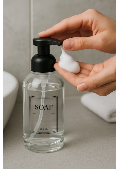 Köpük Pompalı Cam Sabunluk Köpük Çıkartan Şeffaf Cam Sıvı Sabunluk-350 Ml Şeffaf