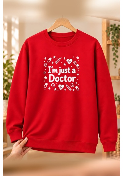 Mor Mürekkep Doktor Doctor Meslek Yazısı Baskılı Erkek Bisiklet Yaka Sweatshirt - Kırmızı