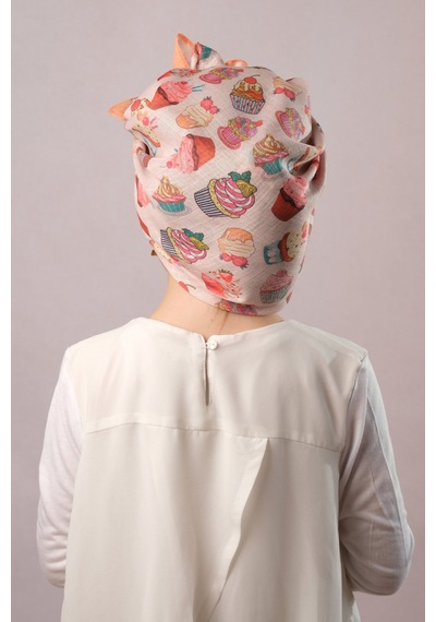 Hürrem Bone Hardal Dijital Baskılı Çocuk Tesettür Eşarp Pamuk Polyester Dondurma Desenli 6002 43 Hardal