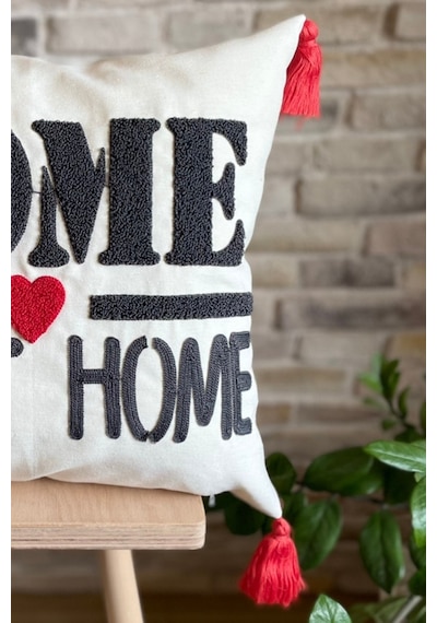 Swita Home Punch İşlemeli Tekli Dekoratif Home Sweet Home Kırlent Kılıfı Panç Kırmızı