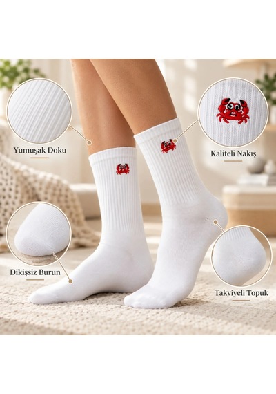 S'82 Unisex Çorap Beyaz Hayvan Nakışlı 3'lü Set Yengeç Yılan Kedi Desenli Uzun Soket Günlük Spor Çorabı