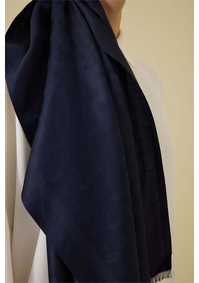 Imannoor Karanfil Monogram Koyu Mavi İpek Şal 68x200 Dark Blue