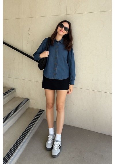 Banny Jeans Kadın Uzun Balon Kollu %100 Pamuk Mavi Jean Gömlek