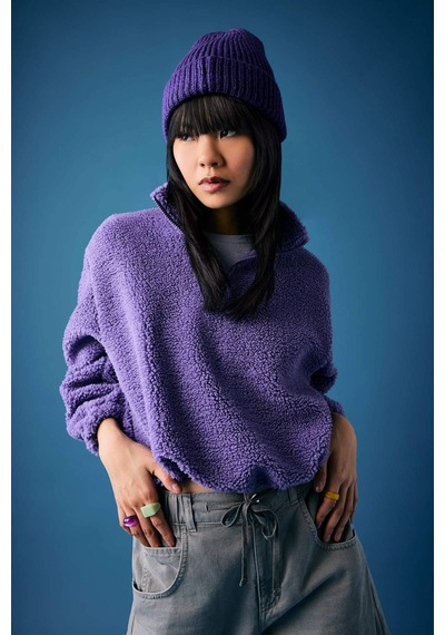 Defacto Coool Oversize Fermuarlı Dik Yaka Basic Düz Pelüş Sweatshirt B9836AX23WNPR262 Mor