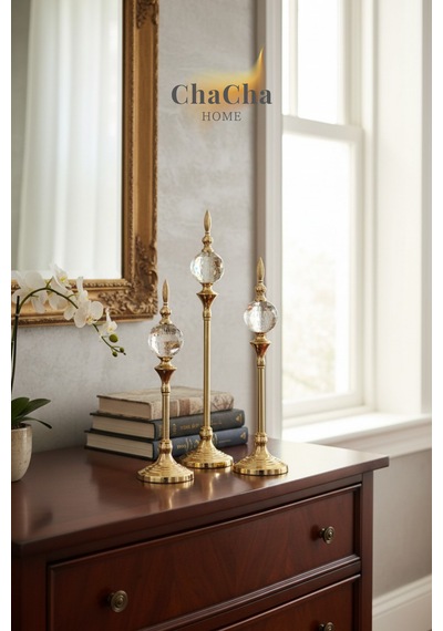 3'lü Gold Kristal Dekoratif Salon Konsol Masa Dekoru Lüks Ev Dekorasyon Aksesuarı 40-35-30 Cm Şeffaf