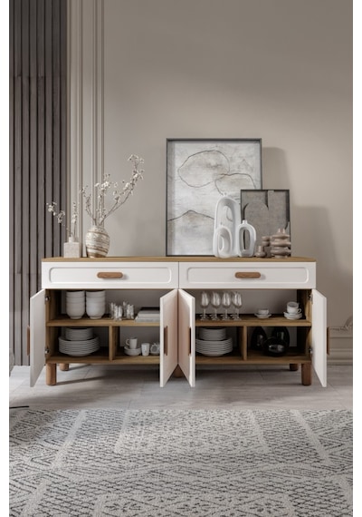 Flora Bohem Serisi 4 Kapaklı 2 Çekmeceli Salon Konsolu Büfe Aytaşı Ceviz 180x84 Cm Ceviz - Ekru Flora Bohem Serisi 4 Kapaklı 2 Çekmeceli Salon Konsolu Büfe Aytaşı Ceviz 180x84 Cm Ceviz - Ekru