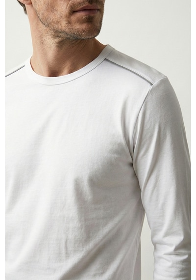 Elemge %100 Pamuk Süprem Uzun Kollu Pijama Üstü Erkek T-shirt Compact Penye Rahat Kalıp Tok Kumaş Beyaz